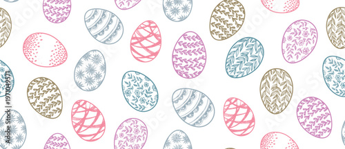 Seamless Pattern with Decorated Pastel Easter Eggs on white	
