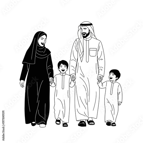 Arabian family in traditional clothing walking.