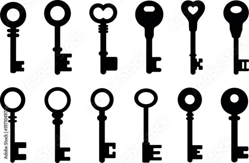 Key silhouettes black set isolated white background vector illustration vintage modern shapes security access design collection