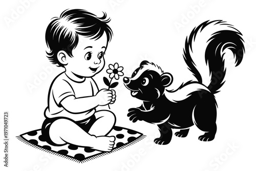 A black and white illustration of a child and a skunk