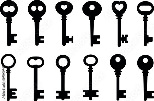 Key silhouettes black set isolated white background vector illustration vintage modern shapes security access design collection