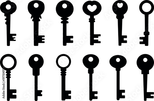 Key silhouettes black set isolated white background vector illustration vintage modern shapes security access design collection