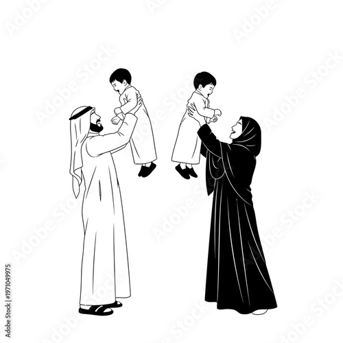 Arabian parents holding little children.