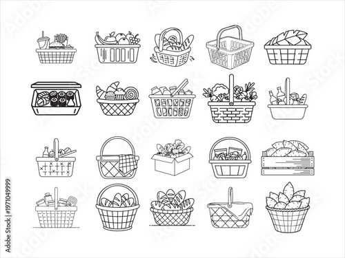 A collection of baskets filled with various items