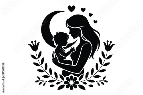 A mother tenderly holding her baby under the crescent moon