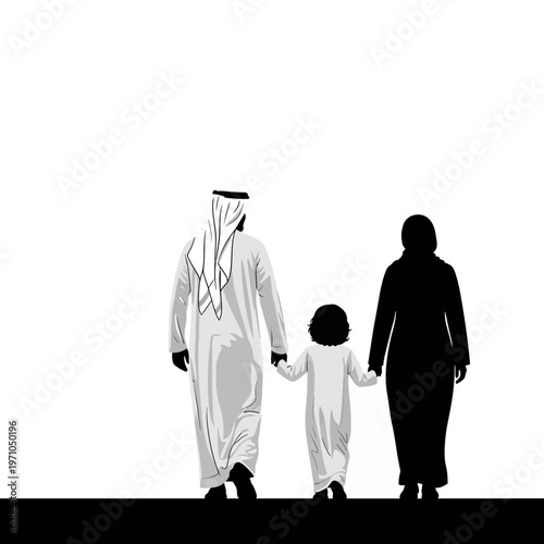 Family walking together in traditional clothes.