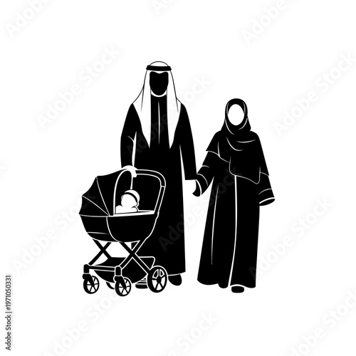 Middle Eastern parents with baby stroller.