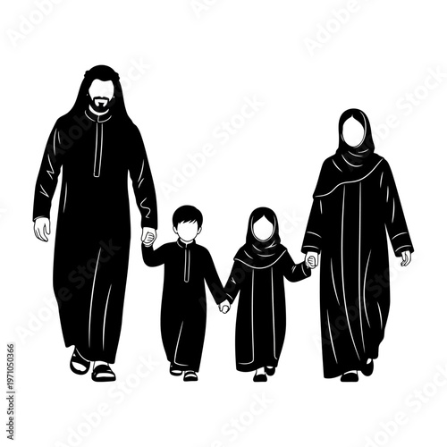 Muslim family in traditional clothing walking.