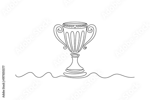 Black and white continuous line of a trophy cup with ornate details standing on a pedestal base prize
