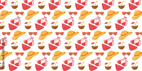 Seamless Summer Pattern with Swimsuit Hat Coconut Cocktails and Sunglasses
