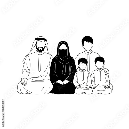 Muslim family sitting together outdoors.
