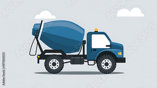 A cute blue and white cement mixer truck sits on a light gray background with a simple design
