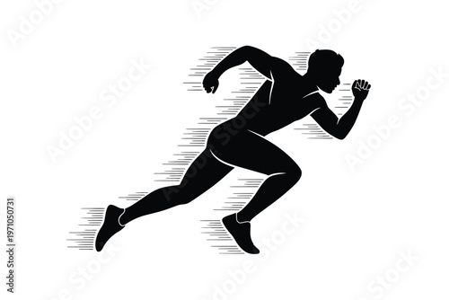 A black silhouette of a man running quickly with motion lines