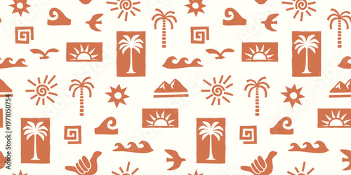 Tropical seamless pattern with bold graphic elements such as palm trees, waves, sun and a shaka hand. Vector summer pattern background.