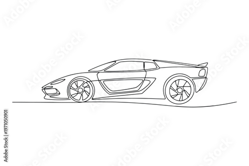 Black and white line of a sleek sports car with detailed wheels and aerodynamic line black and white
