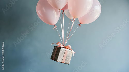 A surprise gift box floats up while being held by a cluster of pink balloons against a soft blue background
