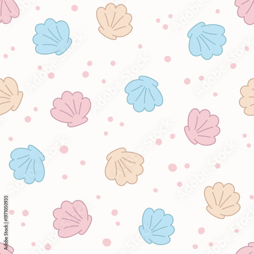 Seamless vector pattern with colorful scallop seashells