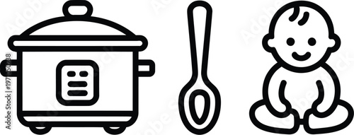 A simple illustration of a baby and a slow cooker with spoon