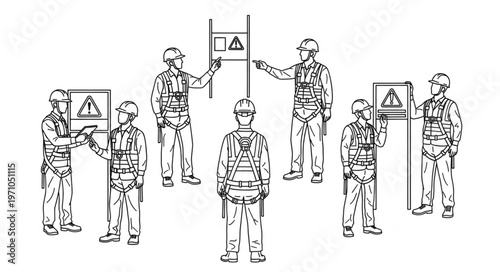 Construction workers demonstrating safety signs and protocols.
