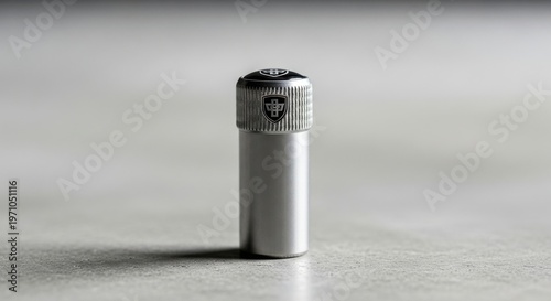 A silver metal tire valve stem cap with a textured knurled top and embossed logo