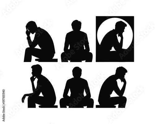 Six Black Silhouettes of Men and Women Sitting in Thoughtful Poses with Geometric