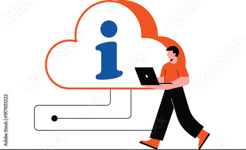 A man in an orange shirt walking with a laptop and cloud