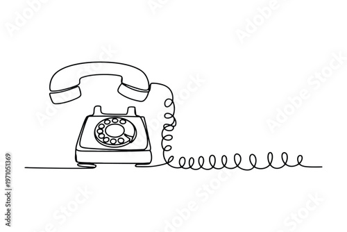 Black and white line of a vintage rotary telephone with a curly cord line black and white rotary phone