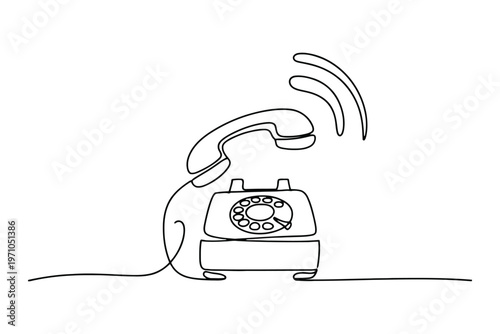 Black and white line of a vintage rotary telephone with the receiver off the hook and ringing vintage phone