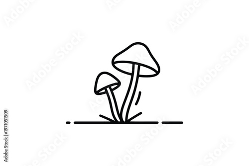 Black and white line of two mushrooms growing on a small patch of grass line minimalist nature fungi