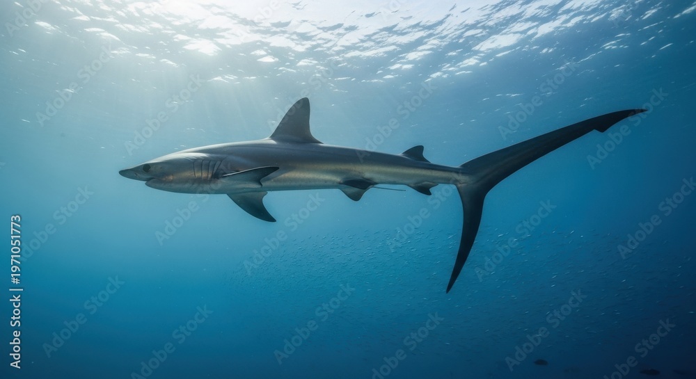 Fototapeta premium A thresher shark with its distinctively long tail swims gracefully in the deep blue ocean waters.