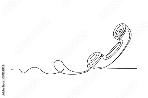 Black and white single line of a vintage telephone handset with curly cord retro communication