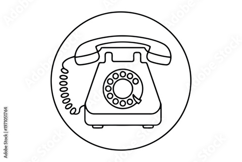 Black and white vintage telephone with rotary dial and coiled cord inside a circular frame retro