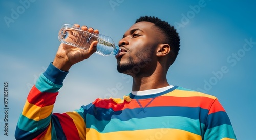 Young man in colorful striped sweater drinking water from a clear plastic bottle outdoors on a sunny day with a bright blue sky background