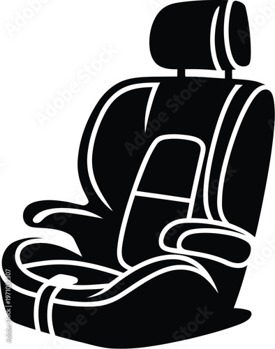 A black and white illustration of a car seat