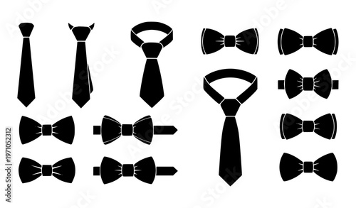 Mens Formal Tie and Bow Tie Silhouette Icons Vector Fashion Set