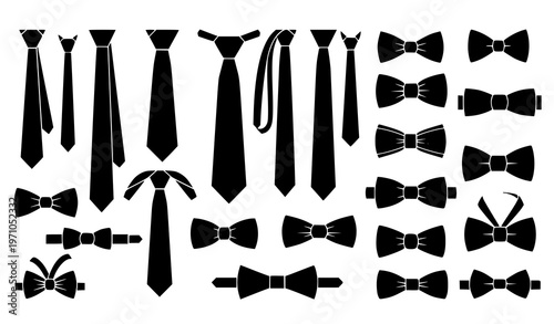 Assorted Necktie and Bow Tie Silhouette Collection Mens Formalwear Vector