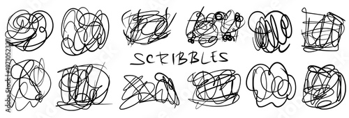 Hand-drawn pen squiggles doodles. Messy scribbles, naive expressive scratches set. Tangled lines, chaotic spontaneously scrawl. Vector pencil brush scratches isolated on transparent background.