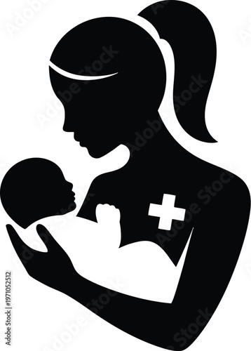 A nurse holding a newborn baby in her arms gently