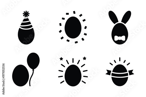 A set of black Easter egg icons on a white background