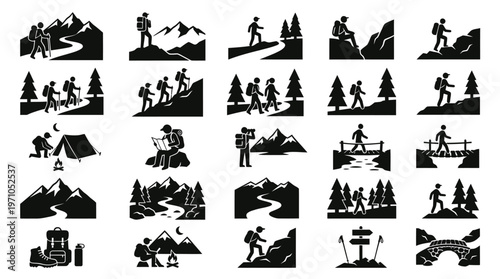 Outdoor Hiking and Adventure Glyph Icons Set - Black  White Solid Vector Silhouettes