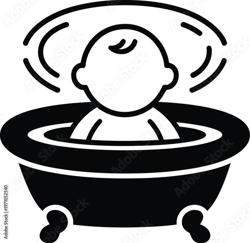 A cartoon illustration of a baby taking a hot bath