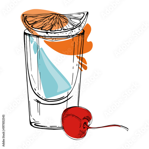 Vector Kamikaze cocktail in ink shot glass, icy blue and turquoise, orange citrus slice with juice splash, cherry berry garnish. Isolated artwork hand drawn for lifestyle designs or mixology layouts.