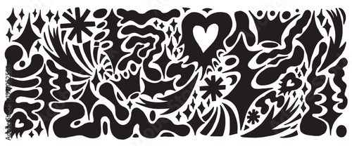 Geometric amoeba silhouette with hearts figures paper cutout element and liquid freeform blob. Star sticker, asterisk with heart cut and neo tribal arrow. Crown, twinkle abstract vector set.