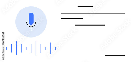 Voice recognition, audio technology, speech-to-text, digital communication, transcription services, sound analysis. Blue microphone icon with sound wave and text lines. Voice recognition and audio