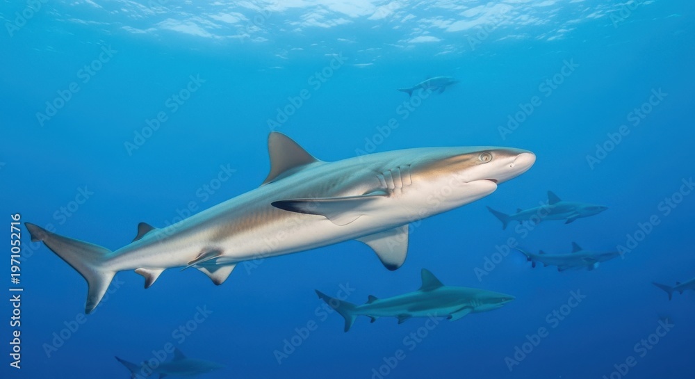 Fototapeta premium Sleek Silky Sharks Swimming Together in the Deep Blue Ocean Waters