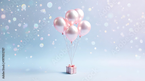 A surprise gift box floats up while being held by a cluster of pink balloons against a soft blue background
