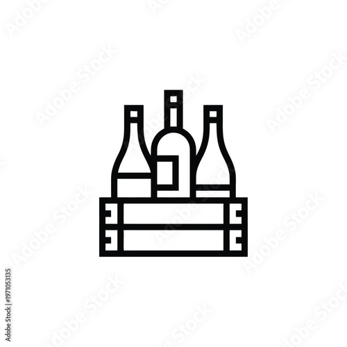A simple black line drawing of wine bottles in a crate