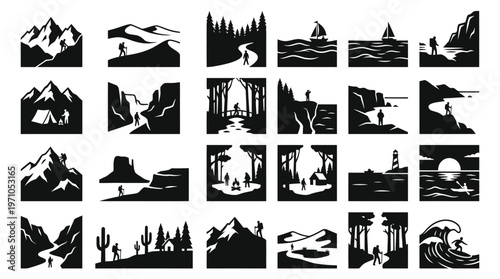 Outdoor Adventure  Nature Travel Silhouette Glyph Icons Set