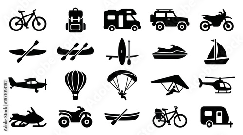 Travel Adventure Transportation Glyph Icons Set