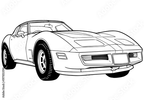 Classic 1970s Retro Sports Car Vector Illustration, Vintage American Muscle Car Line Art